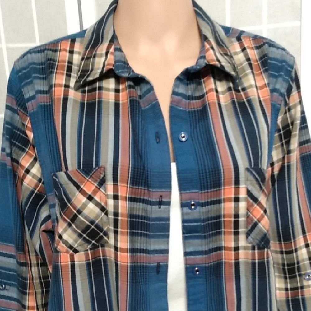 Allison Daley WMNS Blue & Peach Plaid Button-Up Flannel Shirt - Roll Tab Sleeves - Picture 2 of 12